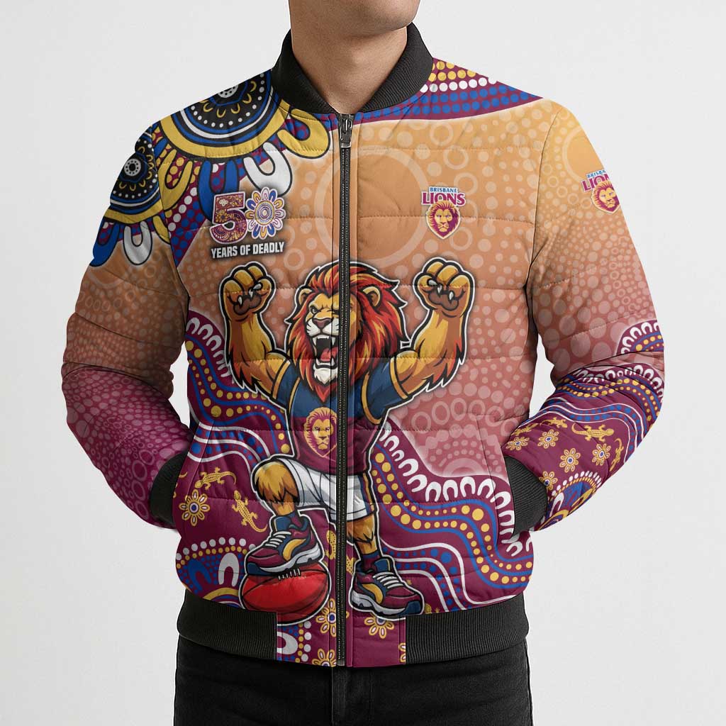 Personalized Brisbane Lions Football Mascot Bomber Puffer Jacket Aboriginal Dot Art Style Vibrant Indigenous Pattern Design