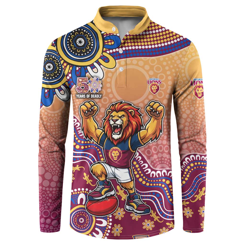Personalized Brisbane Lions Football Mascot Button Sweatshirt Aboriginal Dot Art Style Vibrant Indigenous Pattern Design