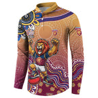 Personalized Brisbane Lions Football Mascot Button Sweatshirt Aboriginal Dot Art Style Vibrant Indigenous Pattern Design