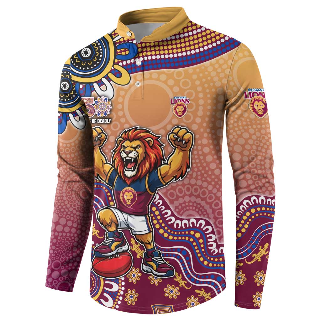 Personalized Brisbane Lions Football Mascot Button Sweatshirt Aboriginal Dot Art Style Vibrant Indigenous Pattern Design