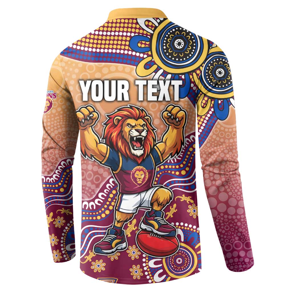 Personalized Brisbane Lions Football Mascot Button Sweatshirt Aboriginal Dot Art Style Vibrant Indigenous Pattern Design
