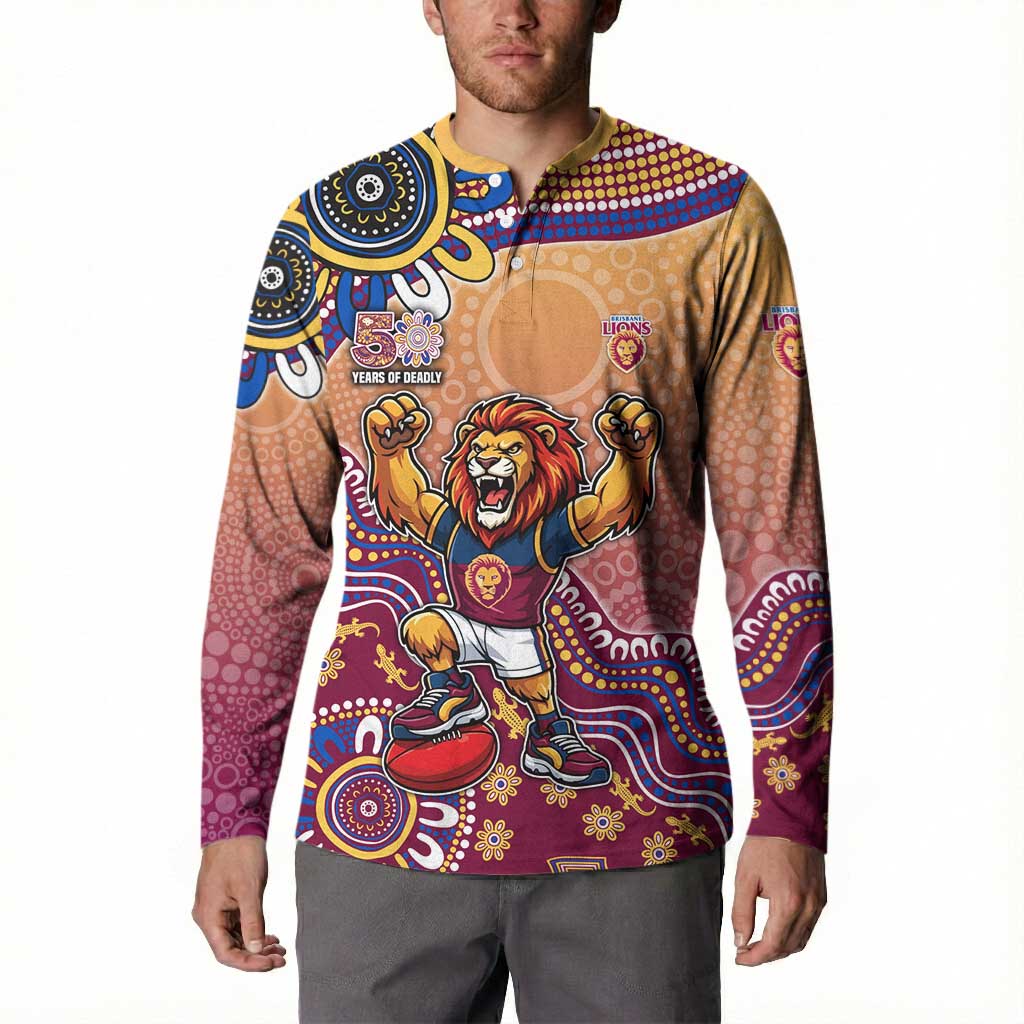 Personalized Brisbane Lions Football Mascot Button Sweatshirt Aboriginal Dot Art Style Vibrant Indigenous Pattern Design