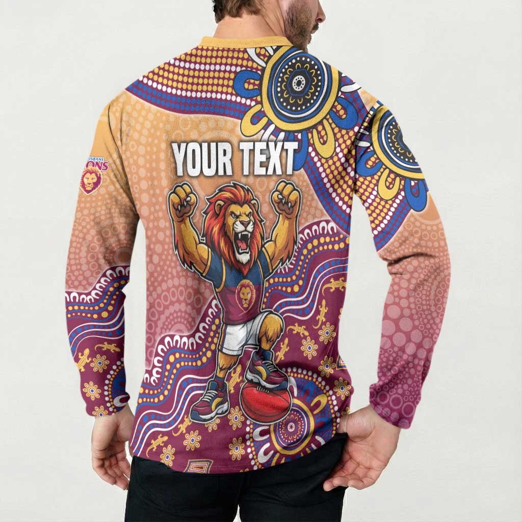 Personalized Brisbane Lions Football Mascot Button Sweatshirt Aboriginal Dot Art Style Vibrant Indigenous Pattern Design