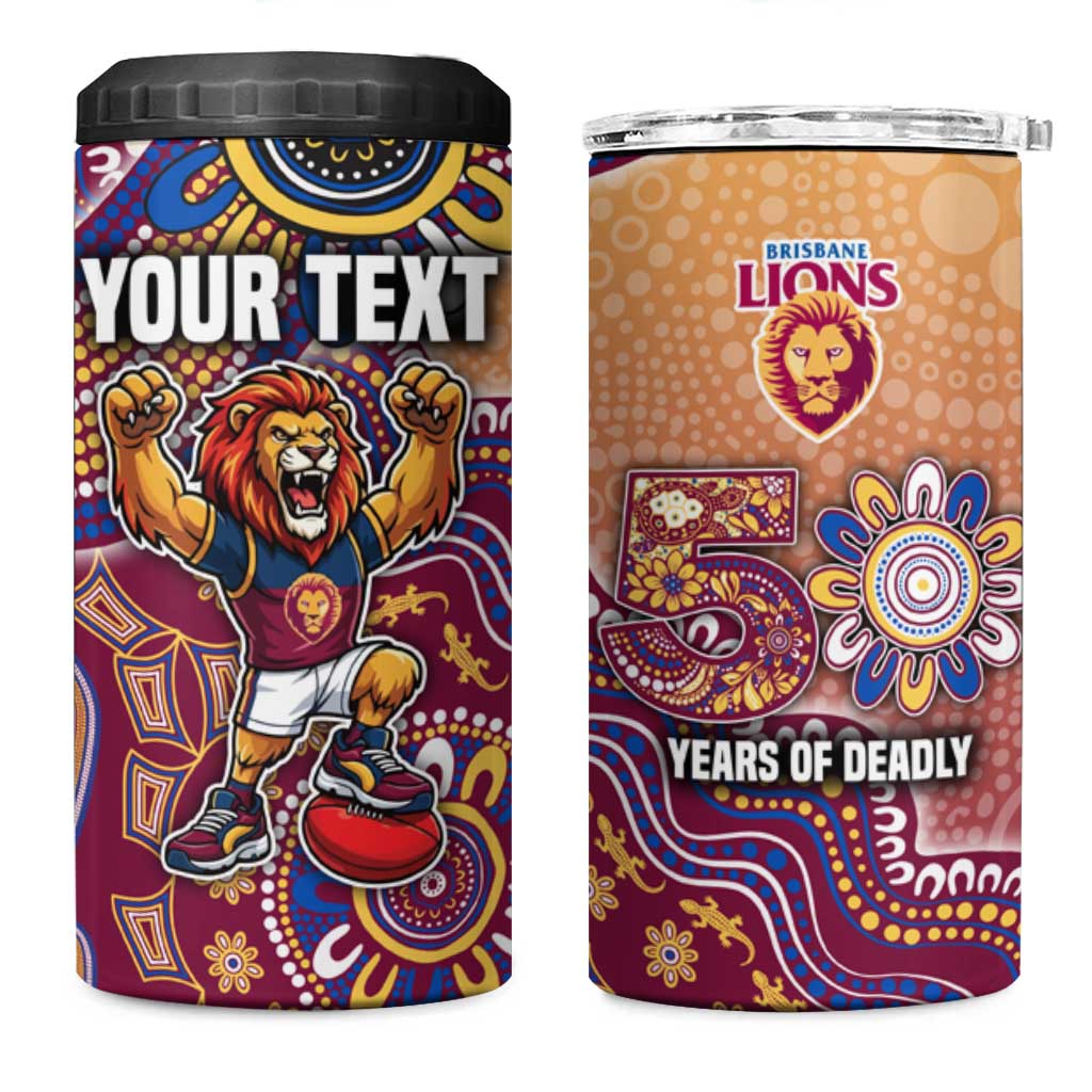 Personalized Brisbane Lions Football Mascot 4 in 1 Can Cooler Tumbler Aboriginal Dot Art Style Vibrant Indigenous Pattern Design