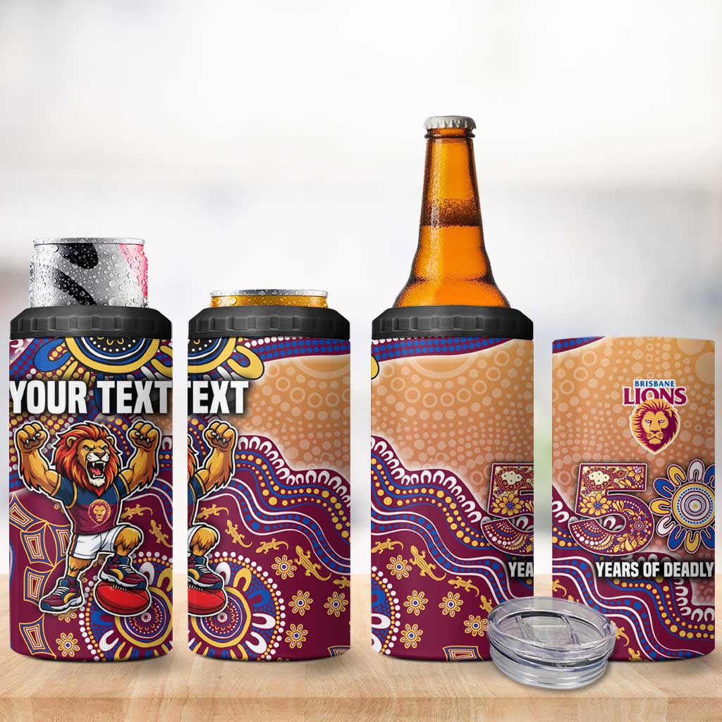 Personalized Brisbane Lions Football Mascot 4 in 1 Can Cooler Tumbler Aboriginal Dot Art Style Vibrant Indigenous Pattern Design