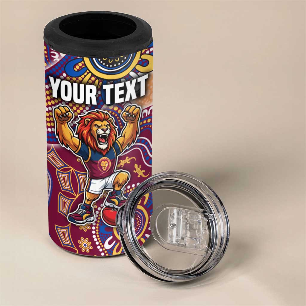 Personalized Brisbane Lions Football Mascot 4 in 1 Can Cooler Tumbler Aboriginal Dot Art Style Vibrant Indigenous Pattern Design