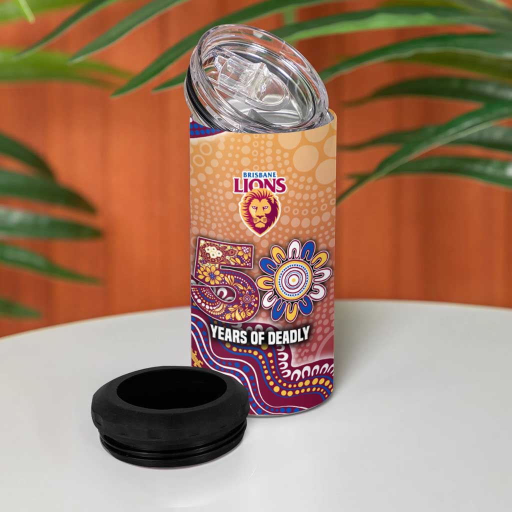 Personalized Brisbane Lions Football Mascot 4 in 1 Can Cooler Tumbler Aboriginal Dot Art Style Vibrant Indigenous Pattern Design