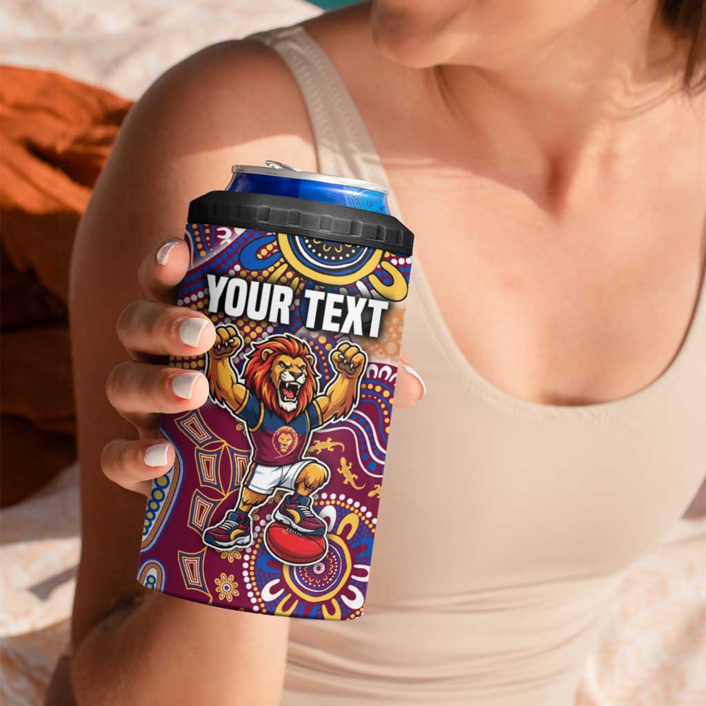 Personalized Brisbane Lions Football Mascot 4 in 1 Can Cooler Tumbler Aboriginal Dot Art Style Vibrant Indigenous Pattern Design