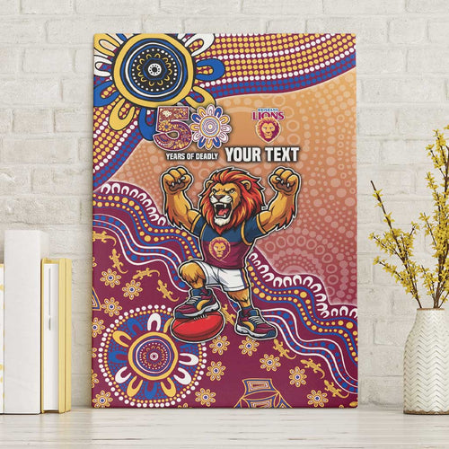 Personalized Brisbane Lions Football Mascot Canvas Wall Art Aboriginal Dot Art Style Vibrant Indigenous Pattern Design