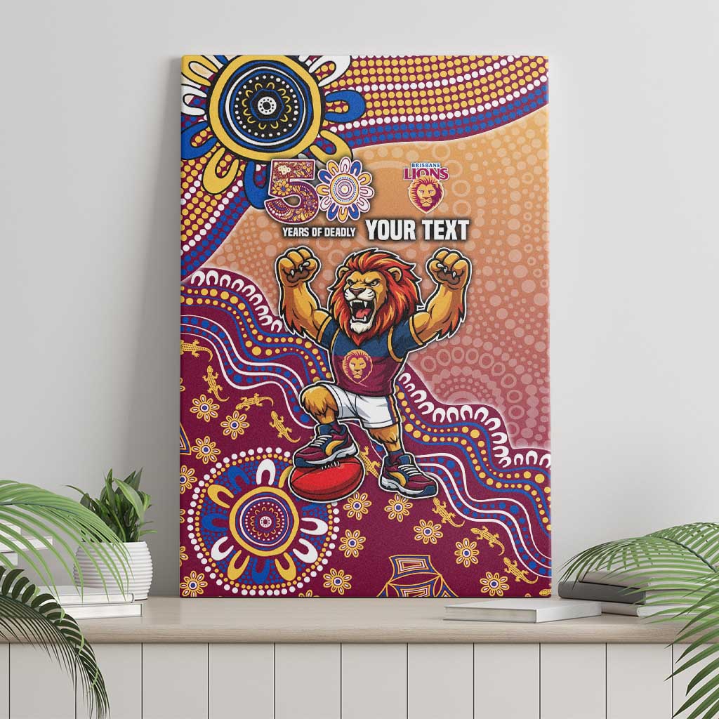 Personalized Brisbane Lions Football Mascot Canvas Wall Art Aboriginal Dot Art Style Vibrant Indigenous Pattern Design