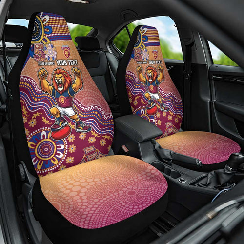 Personalized Brisbane Lions Football Mascot Car Seat Cover Aboriginal Dot Art Style Vibrant Indigenous Pattern Design