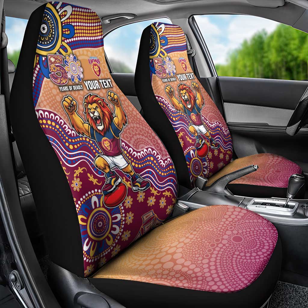 Personalized Brisbane Lions Football Mascot Car Seat Cover Aboriginal Dot Art Style Vibrant Indigenous Pattern Design