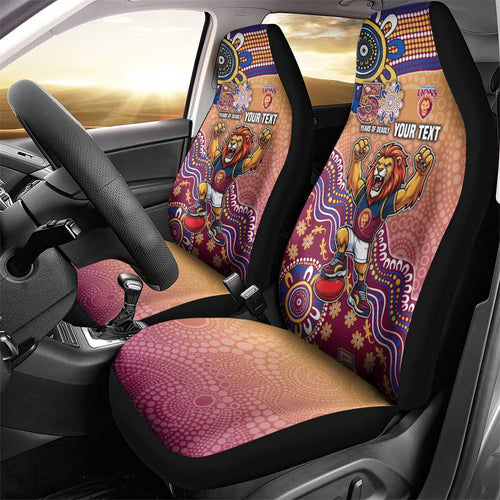 Personalized Brisbane Lions Football Mascot Car Seat Cover Aboriginal Dot Art Style Vibrant Indigenous Pattern Design