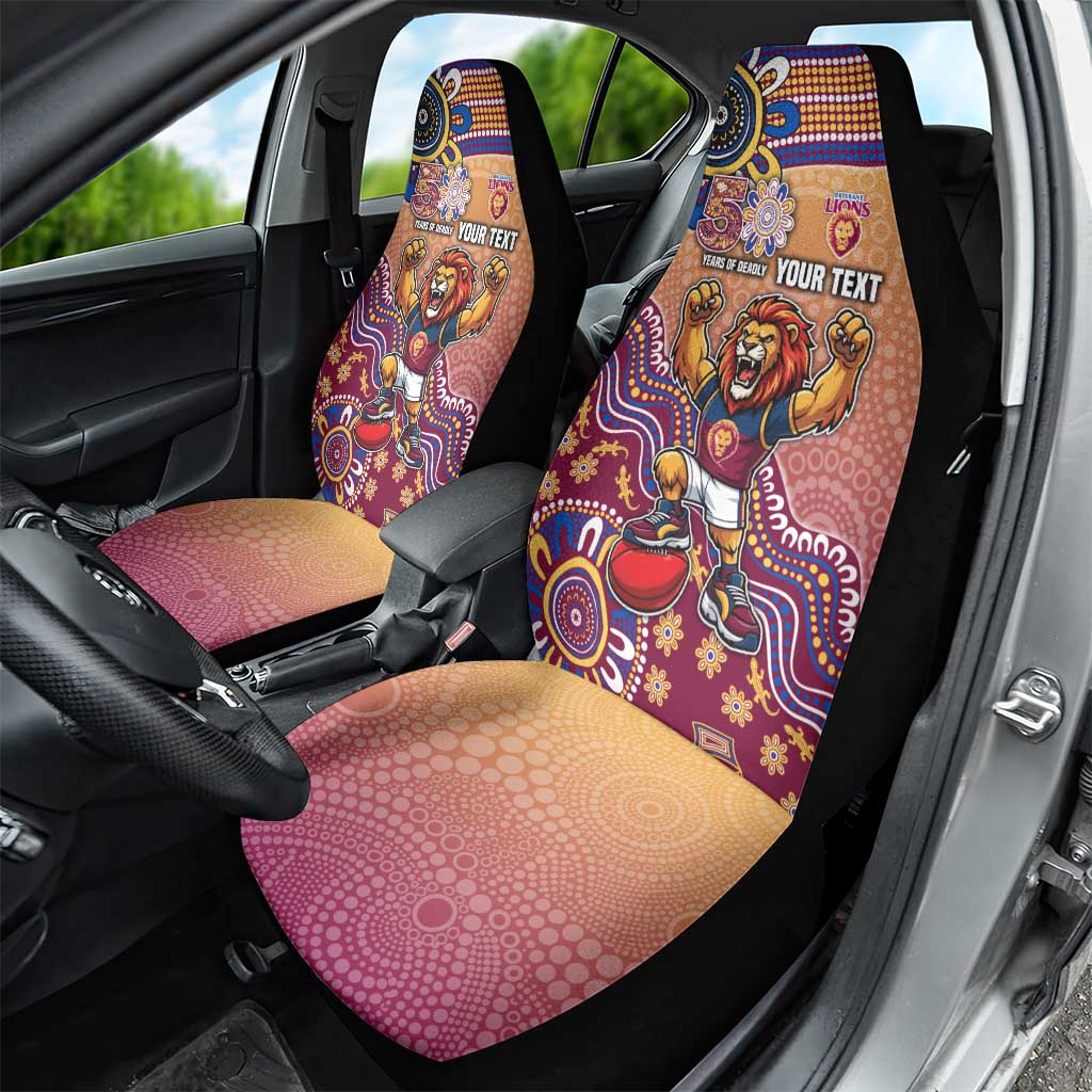 Personalized Brisbane Lions Football Mascot Car Seat Cover Aboriginal Dot Art Style Vibrant Indigenous Pattern Design