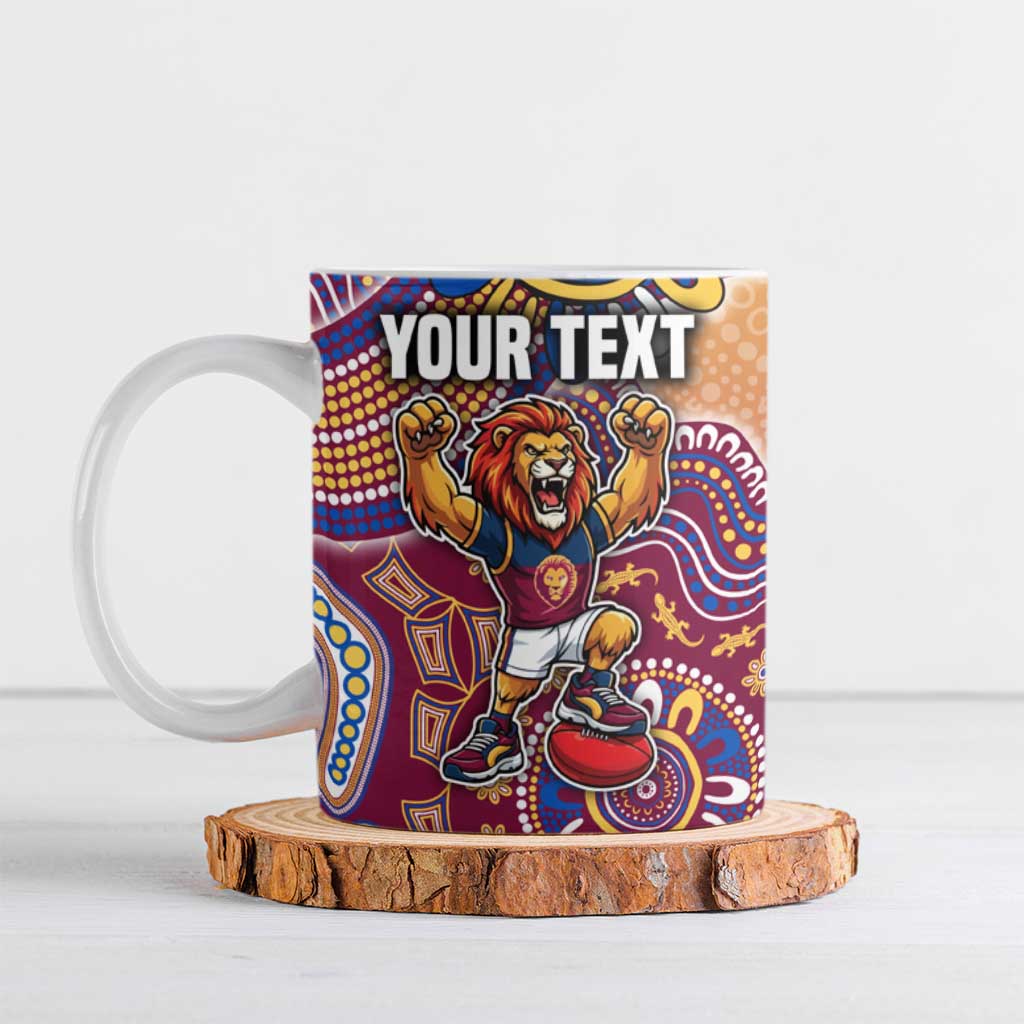 Personalized Brisbane Lions Football Mascot Ceramic Mug Aboriginal Dot Art Style Vibrant Indigenous Pattern Design