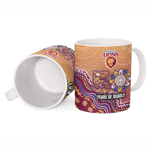 Personalized Brisbane Lions Football Mascot Ceramic Mug Aboriginal Dot Art Style Vibrant Indigenous Pattern Design