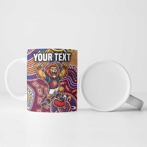 Personalized Brisbane Lions Football Mascot Ceramic Mug Aboriginal Dot Art Style Vibrant Indigenous Pattern Design