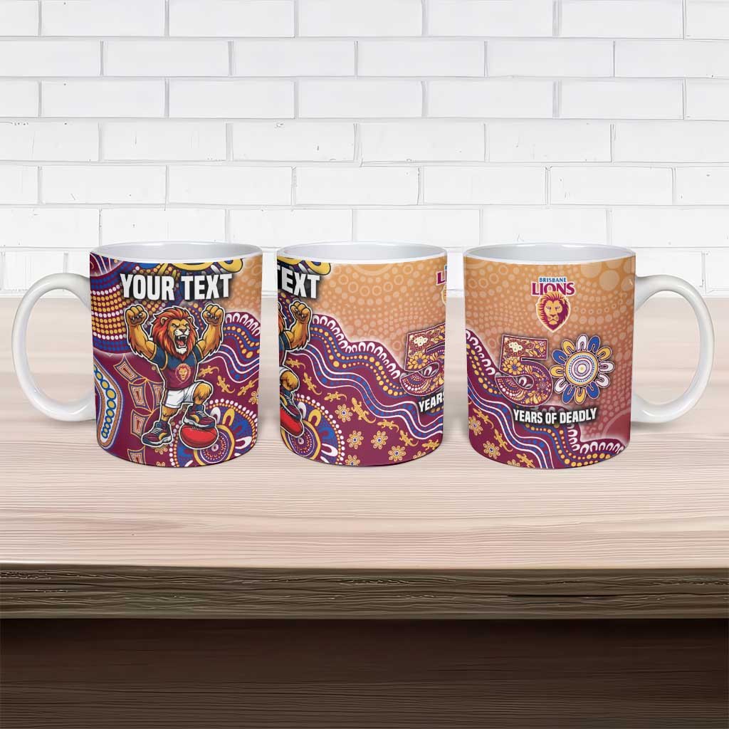 Personalized Brisbane Lions Football Mascot Ceramic Mug Aboriginal Dot Art Style Vibrant Indigenous Pattern Design