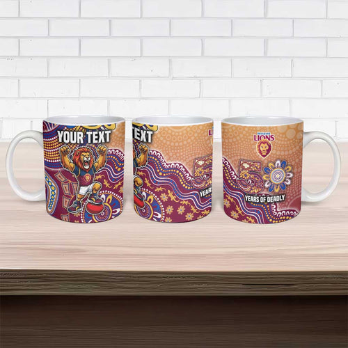 Personalized Brisbane Lions Football Mascot Ceramic Mug Aboriginal Dot Art Style Vibrant Indigenous Pattern Design