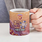 Personalized Brisbane Lions Football Mascot Ceramic Mug Aboriginal Dot Art Style Vibrant Indigenous Pattern Design