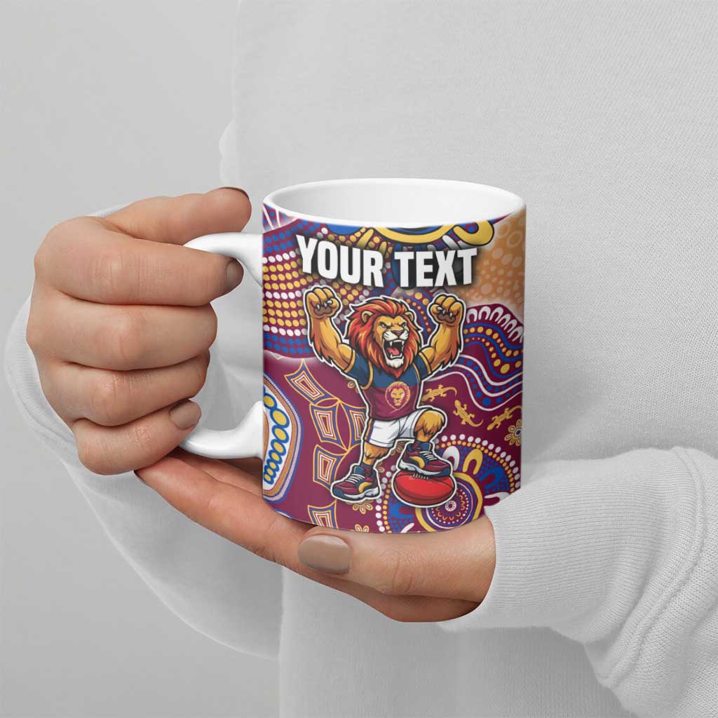 Personalized Brisbane Lions Football Mascot Ceramic Mug Aboriginal Dot Art Style Vibrant Indigenous Pattern Design