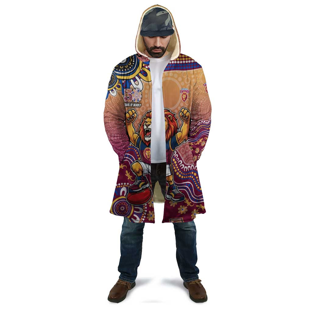 Personalized Brisbane Lions Football Mascot Cloak Aboriginal Dot Art Style Vibrant Indigenous Pattern Design