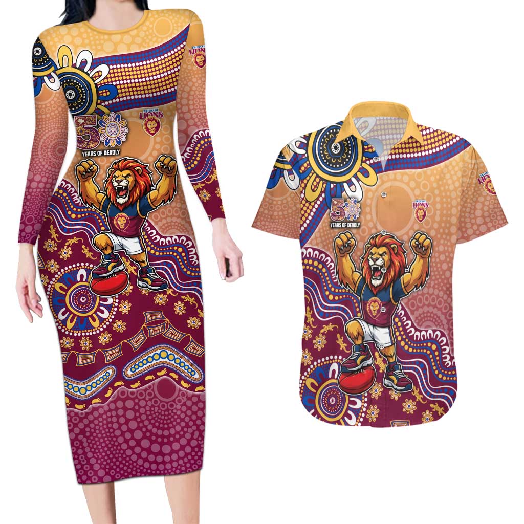 Personalized Brisbane Lions Football Mascot Couples Matching Long Sleeve Bodycon Dress and Hawaiian Shirt Aboriginal Dot Art Style Vibrant Indigenous Pattern Design