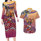 Personalized Brisbane Lions Football Mascot Couples Matching Long Sleeve Bodycon Dress and Hawaiian Shirt Aboriginal Dot Art Style Vibrant Indigenous Pattern Design
