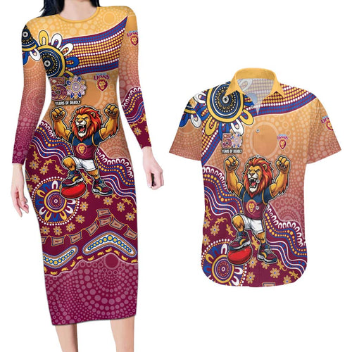 Personalized Brisbane Lions Football Mascot Couples Matching Long Sleeve Bodycon Dress and Hawaiian Shirt Aboriginal Dot Art Style Vibrant Indigenous Pattern Design