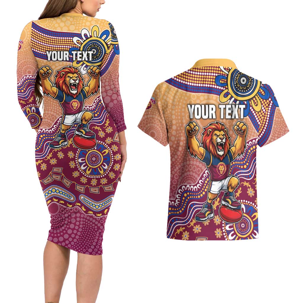 Personalized Brisbane Lions Football Mascot Couples Matching Long Sleeve Bodycon Dress and Hawaiian Shirt Aboriginal Dot Art Style Vibrant Indigenous Pattern Design