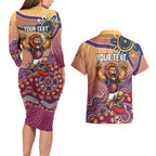 Personalized Brisbane Lions Football Mascot Couples Matching Long Sleeve Bodycon Dress and Hawaiian Shirt Aboriginal Dot Art Style Vibrant Indigenous Pattern Design