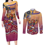 Personalized Brisbane Lions Football Mascot Couples Matching Long Sleeve Bodycon Dress and Long Sleeve Button Shirt Aboriginal Dot Art Style Vibrant Indigenous Pattern Design