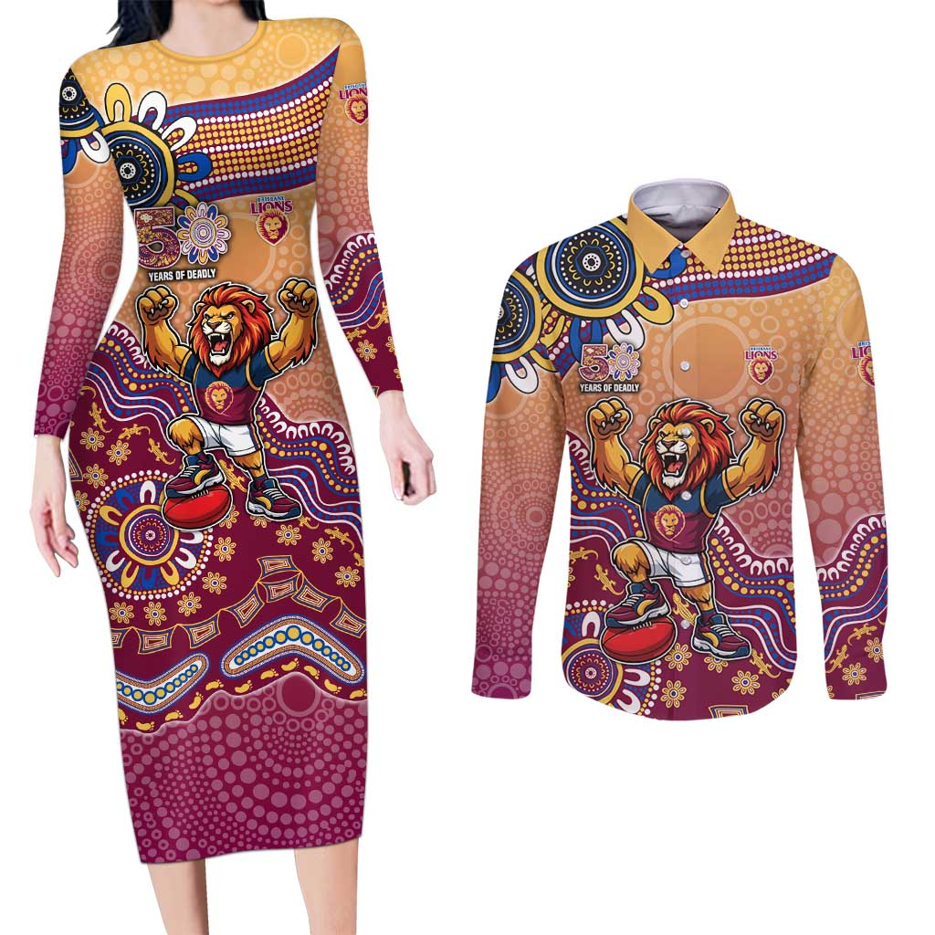 Personalized Brisbane Lions Football Mascot Couples Matching Long Sleeve Bodycon Dress and Long Sleeve Button Shirt Aboriginal Dot Art Style Vibrant Indigenous Pattern Design