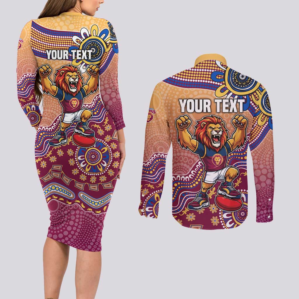 Personalized Brisbane Lions Football Mascot Couples Matching Long Sleeve Bodycon Dress and Long Sleeve Button Shirt Aboriginal Dot Art Style Vibrant Indigenous Pattern Design