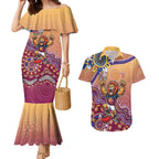 Personalized Brisbane Lions Football Mascot Couples Matching Mermaid Dress and Hawaiian Shirt Aboriginal Dot Art Style Vibrant Indigenous Pattern Design