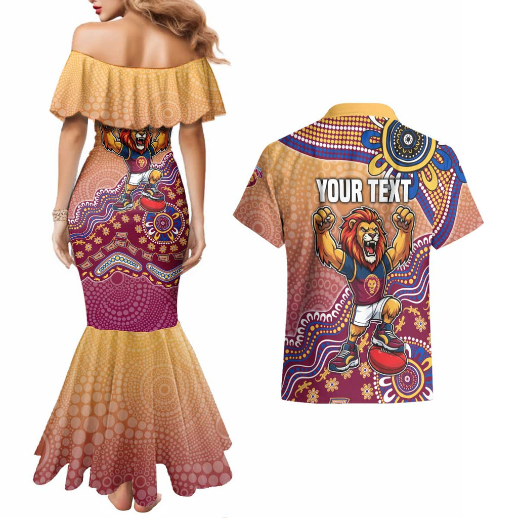 Personalized Brisbane Lions Football Mascot Couples Matching Mermaid Dress and Hawaiian Shirt Aboriginal Dot Art Style Vibrant Indigenous Pattern Design