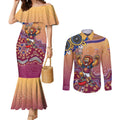 Personalized Brisbane Lions Football Mascot Couples Matching Mermaid Dress and Long Sleeve Button Shirt Aboriginal Dot Art Style Vibrant Indigenous Pattern Design