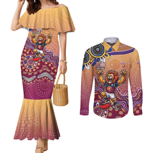 Personalized Brisbane Lions Football Mascot Couples Matching Mermaid Dress and Long Sleeve Button Shirt Aboriginal Dot Art Style Vibrant Indigenous Pattern Design