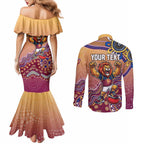 Personalized Brisbane Lions Football Mascot Couples Matching Mermaid Dress and Long Sleeve Button Shirt Aboriginal Dot Art Style Vibrant Indigenous Pattern Design