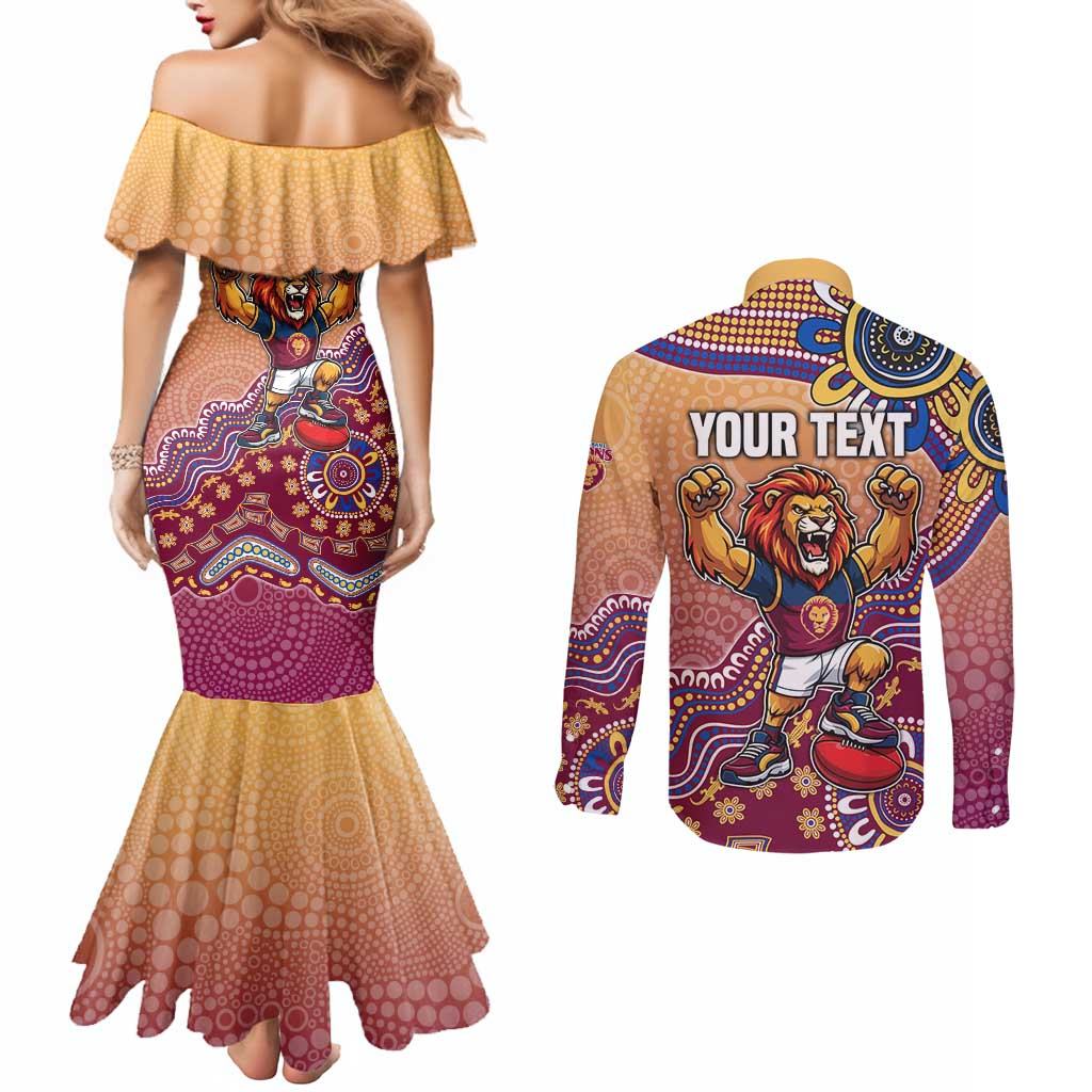 Personalized Brisbane Lions Football Mascot Couples Matching Mermaid Dress and Long Sleeve Button Shirt Aboriginal Dot Art Style Vibrant Indigenous Pattern Design