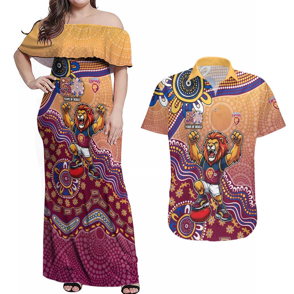 Personalized Brisbane Lions Football Mascot Couples Matching Off Shoulder Maxi Dress and Hawaiian Shirt Aboriginal Dot Art Style Vibrant Indigenous Pattern Design