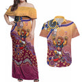 Personalized Brisbane Lions Football Mascot Couples Matching Off Shoulder Maxi Dress and Hawaiian Shirt Aboriginal Dot Art Style Vibrant Indigenous Pattern Design