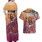 Personalized Brisbane Lions Football Mascot Couples Matching Off Shoulder Maxi Dress and Hawaiian Shirt Aboriginal Dot Art Style Vibrant Indigenous Pattern Design