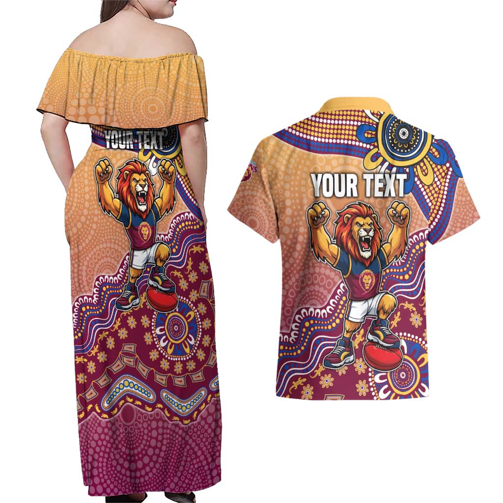 Personalized Brisbane Lions Football Mascot Couples Matching Off Shoulder Maxi Dress and Hawaiian Shirt Aboriginal Dot Art Style Vibrant Indigenous Pattern Design
