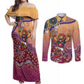 Personalized Brisbane Lions Football Mascot Couples Matching Off Shoulder Maxi Dress and Long Sleeve Button Shirt Aboriginal Dot Art Style Vibrant Indigenous Pattern Design