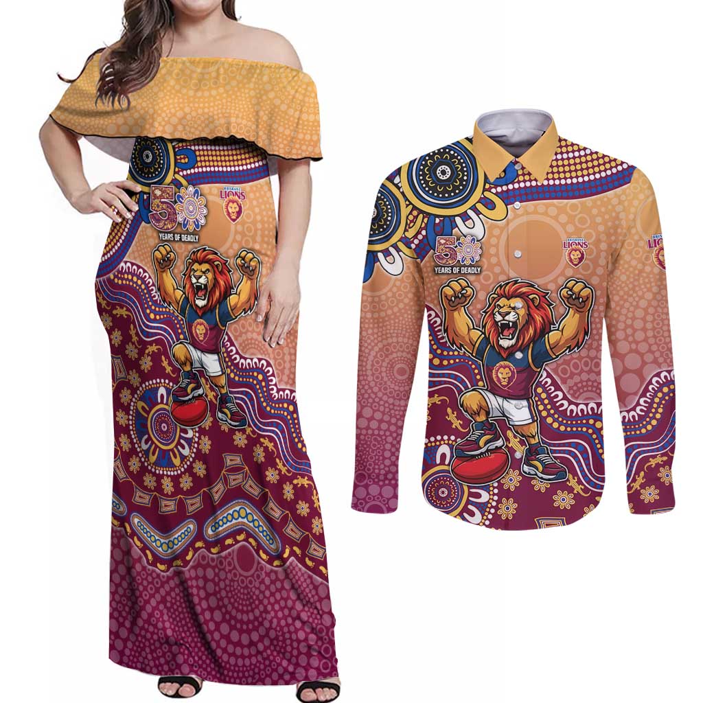 Personalized Brisbane Lions Football Mascot Couples Matching Off Shoulder Maxi Dress and Long Sleeve Button Shirt Aboriginal Dot Art Style Vibrant Indigenous Pattern Design