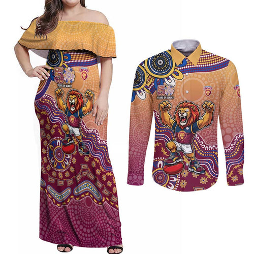 Personalized Brisbane Lions Football Mascot Couples Matching Off Shoulder Maxi Dress and Long Sleeve Button Shirt Aboriginal Dot Art Style Vibrant Indigenous Pattern Design