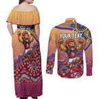 Personalized Brisbane Lions Football Mascot Couples Matching Off Shoulder Maxi Dress and Long Sleeve Button Shirt Aboriginal Dot Art Style Vibrant Indigenous Pattern Design
