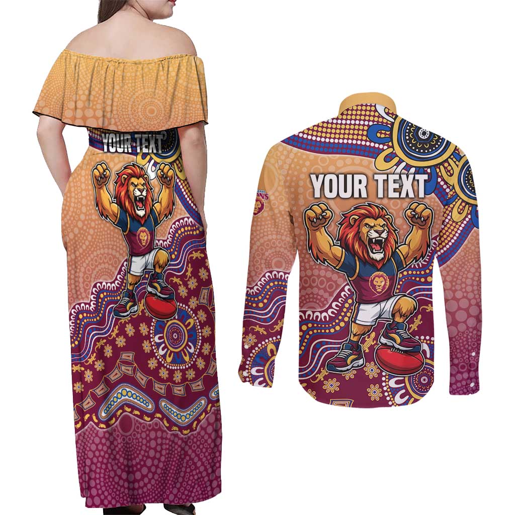 Personalized Brisbane Lions Football Mascot Couples Matching Off Shoulder Maxi Dress and Long Sleeve Button Shirt Aboriginal Dot Art Style Vibrant Indigenous Pattern Design