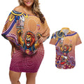 Personalized Brisbane Lions Football Mascot Couples Matching Off Shoulder Short Dress and Hawaiian Shirt Aboriginal Dot Art Style Vibrant Indigenous Pattern Design